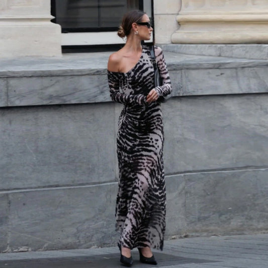 Zebra Pattern Print One Shoulder Design Cotton Long Dress Spring