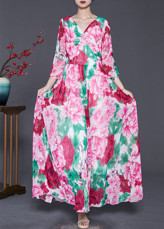 Red Exra Large Hem Chiffon Ankle Dress Flare Sleeve