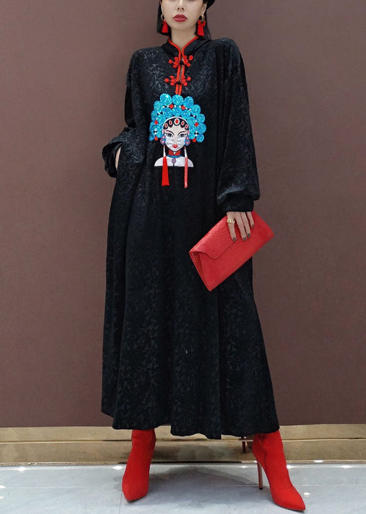 Black Oriental Velour Long Dresses Spring