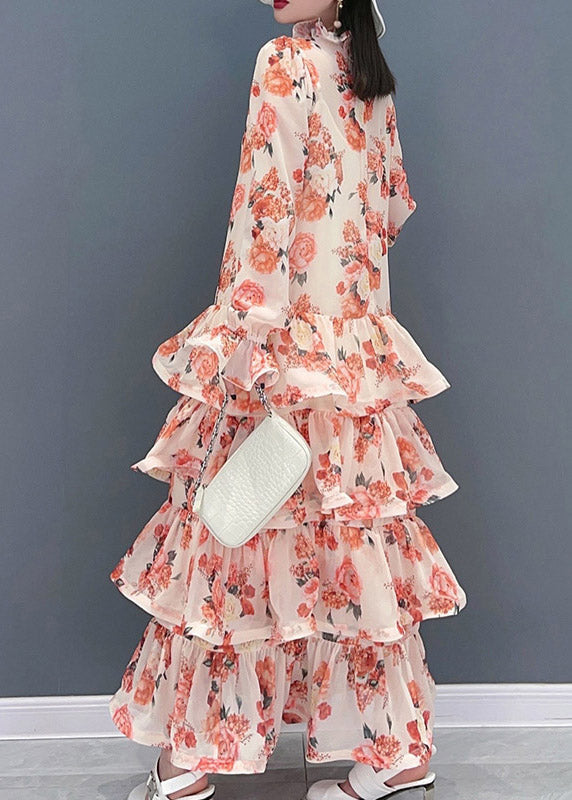 Pink Ruffled Print Layered Chiffon Long Dresses Long Sleeve