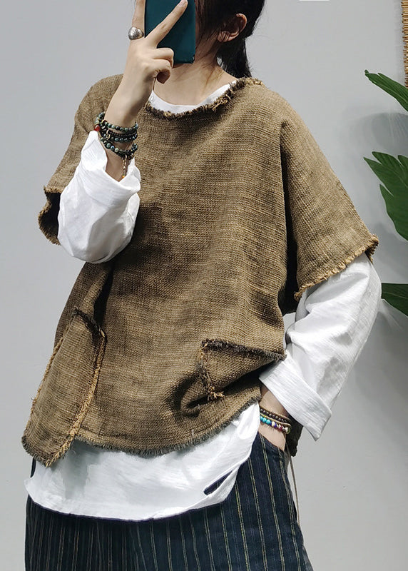 Black O-neck Asymmetrical Pocket Linen Tank Tops Short Sleeve