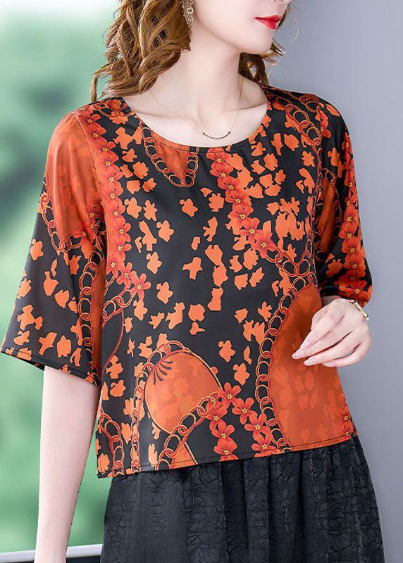Orange O-neck Print Silk Shirt Top Short Sleeve