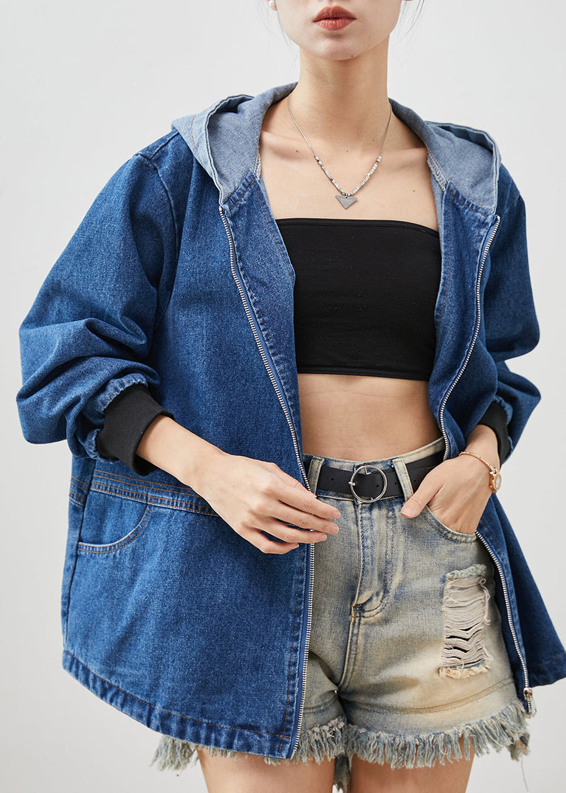 Blue Hooded Patchwork Denim Jackets Spring