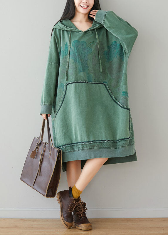 Light Green Sweatshirt Dresses Hooded Drawstring Pockets Spring