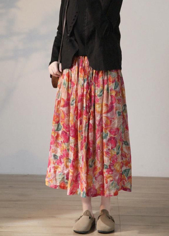Red Print Lace Up Elastic Waist Linen Skirts Summer