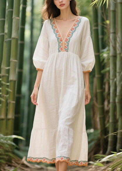 Style White V Neck Patchwork Linen Vacation Dresses Summer
