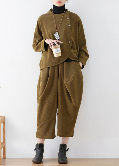 Boutique Mustard Green O-neck Velour Top and Crop Pants Two Pieces Set Fall