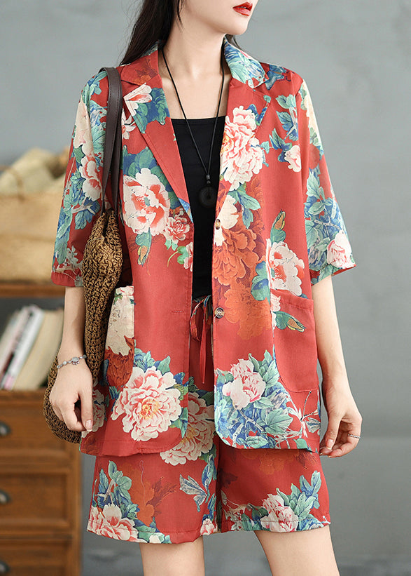 Red Print Pockets Cotton Two Pieces Set Half Sleeve