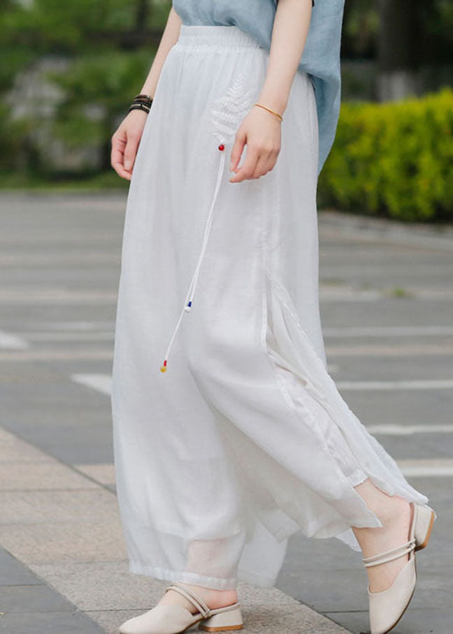 Loose White Elastic Waist Embroideried Linen Pants Spring