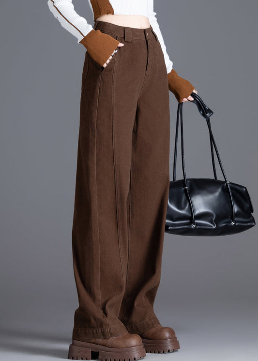 Coffee Pockets Denim Pants High Waist Spring