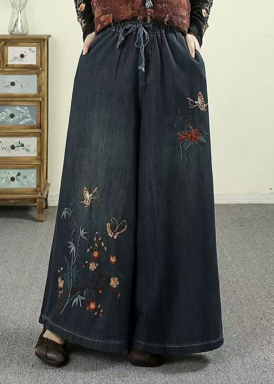 Style Warm Fleece Embroidered Denim Wide Leg Pants