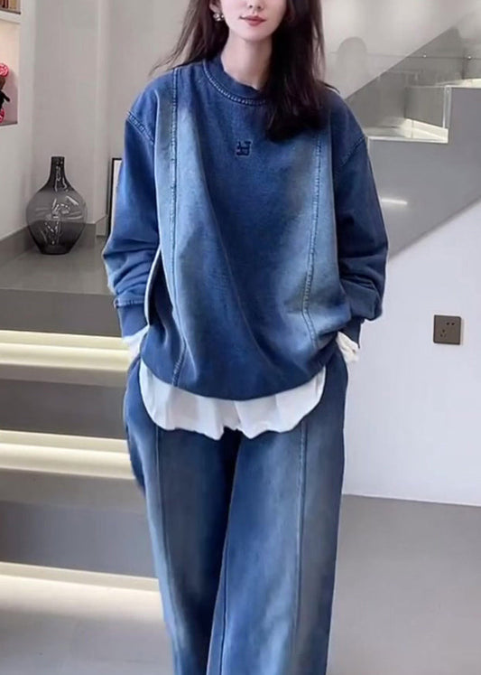 Blue O Neck Tops and Pants Denim Two Piece Set Outfits Fall