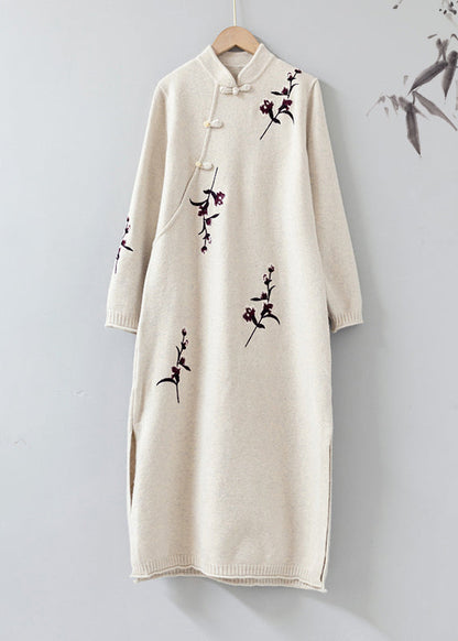 Apricot Stand Collar Embroideried Patchwork Woolen Knit Dress Fall
