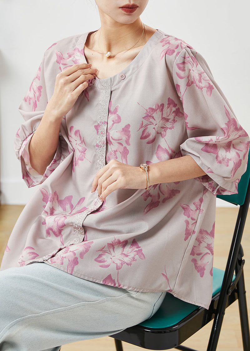 Light Purple Embroidered Print Cotton Shirt Top Spring