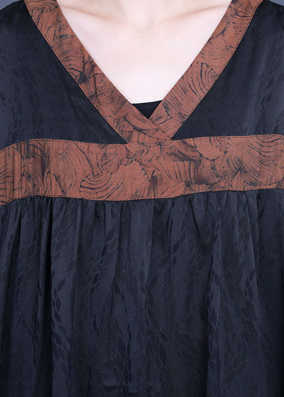 Diy Black Asymmetrical Patchwork Silk Two Pieces Set Half Sleeve