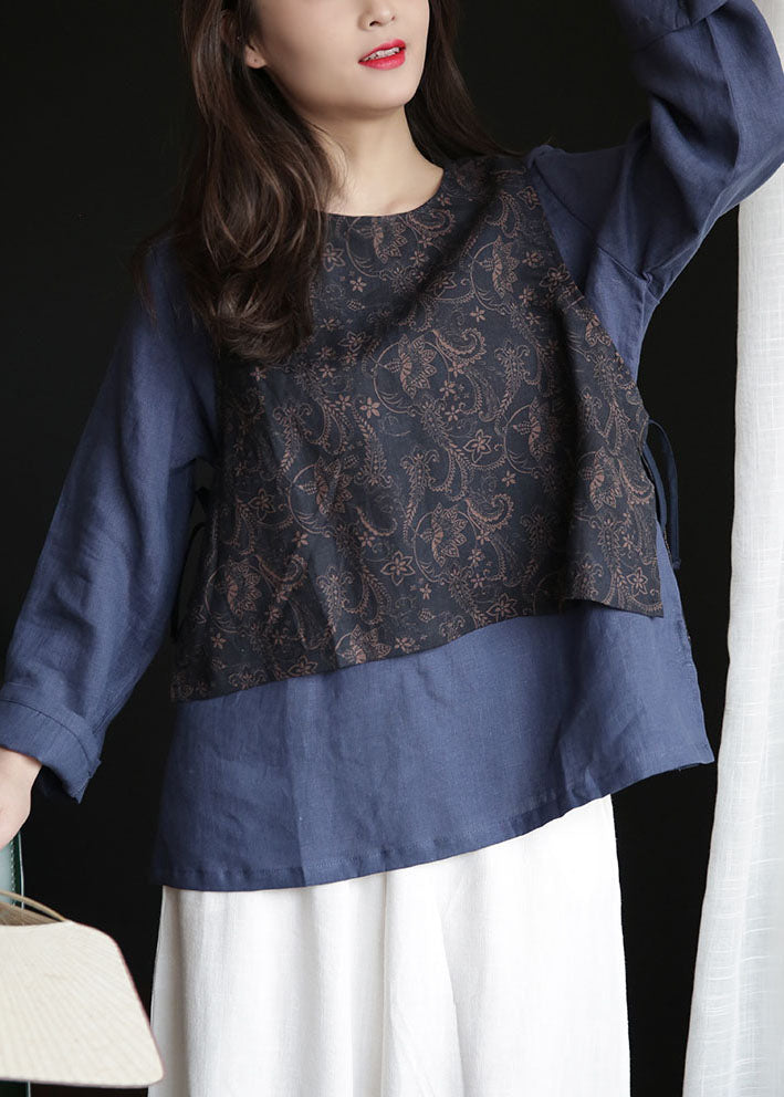 French Navy O-neck Patchwork Tie Waist Linen Fake Two Piece Shirt Tops Spring