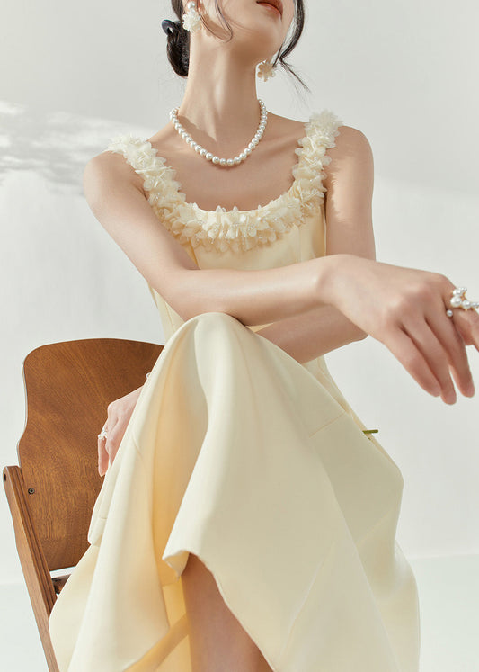 French Beige Square Collar Maxi Dresses Sleeveless