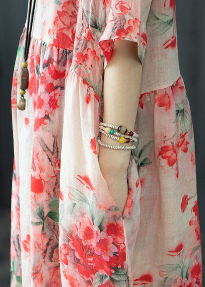Red V Neck Wrinkled Patchwork Linen Dresses Short Sleeve