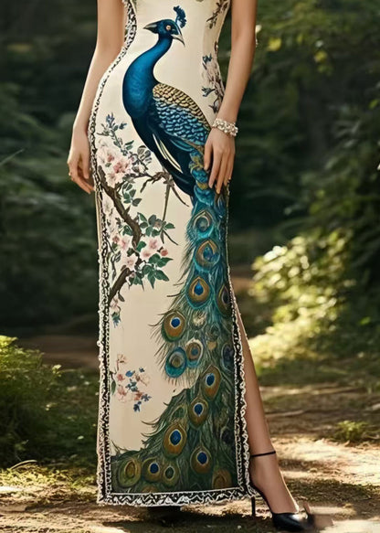 Peacock Print Side Open Silm Fit Silk Party Dress Summer