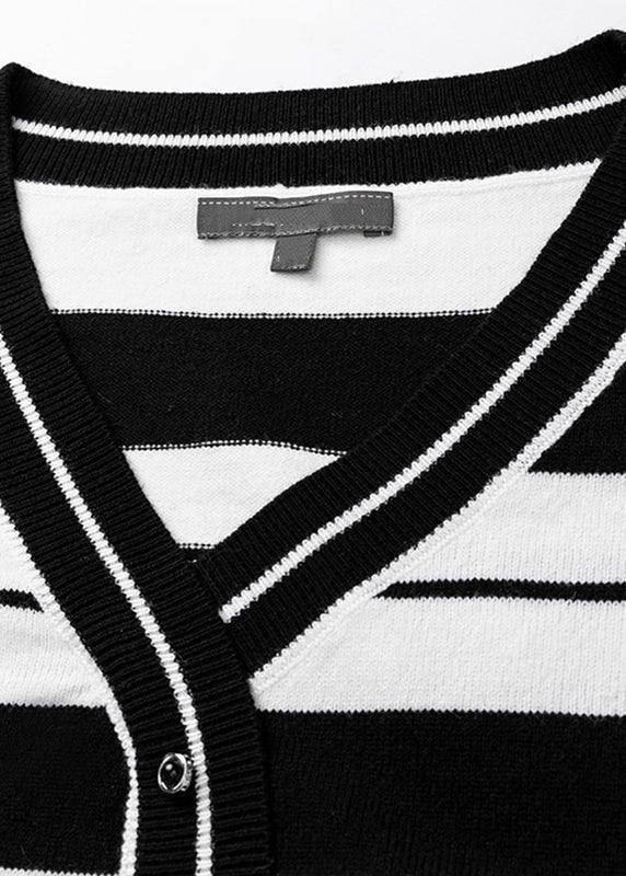 Black White Striped V Neck Cotton Knit Sweater Fall