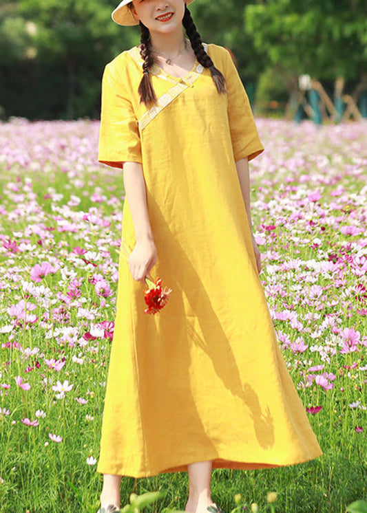 Yellow Embroideried V Neck Linen Vacation Dresses Short Sleeve