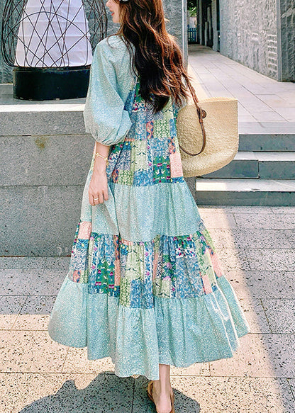 Blue Print Side Open Patchwork Cotton Maxi Dresses Half Sleeve
