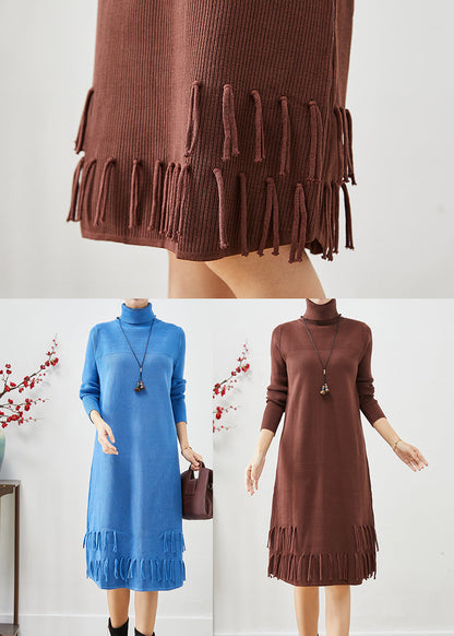 Blue Tasseled Patchwork Knit Long Dress Fall