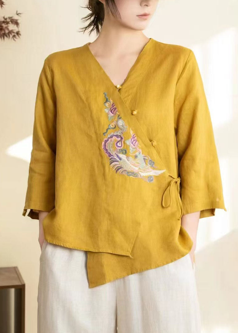 Yellow Embroidered Lace Up Linen Shirts Spring