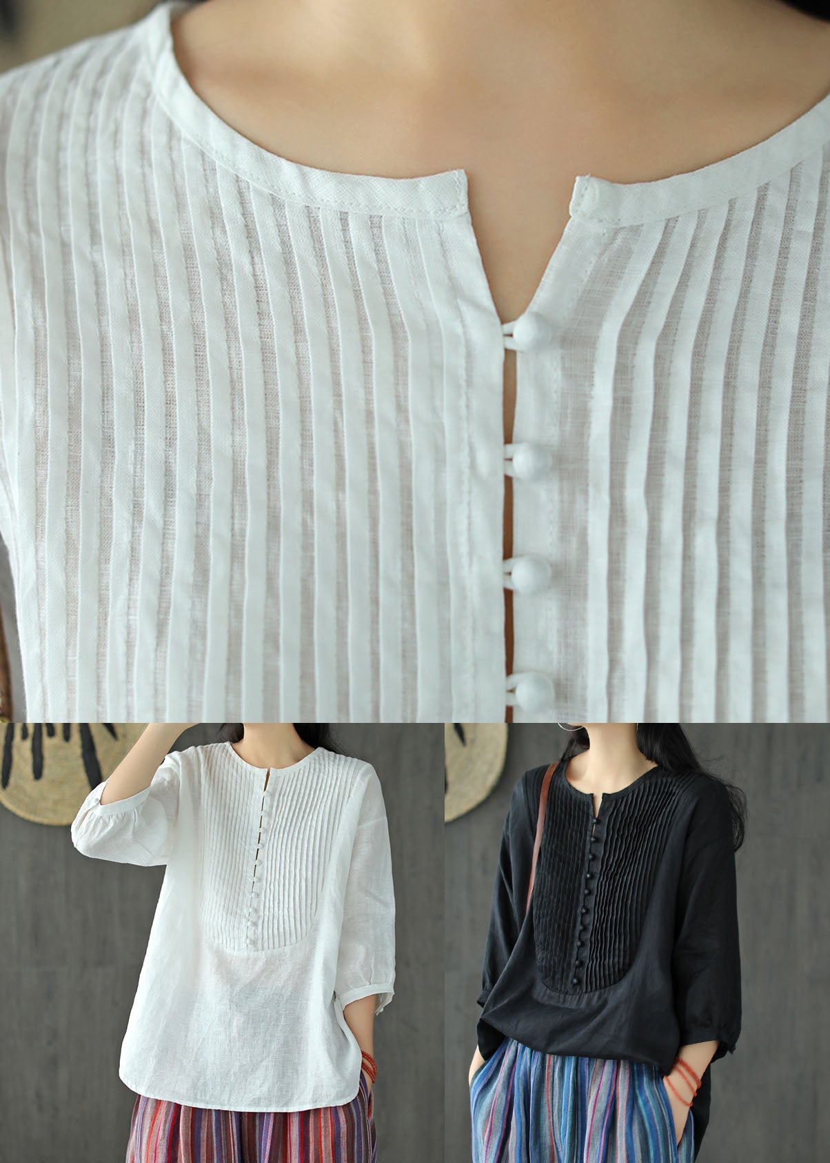 Black Oversized Linen Tank O-neck Wrinkled Oriental Button Short Sleeve
