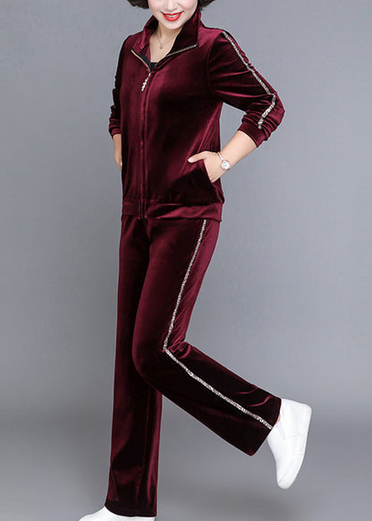 Handmade Wine Red Stand Collar Zippered Silk Velour Coats and Straight Pants Two Piece Set Fall
