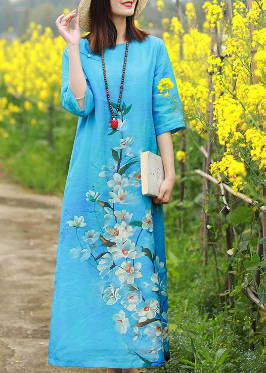 Boutique Blue O-neck Side Open Print Linen Long Dresses Half Sleeve