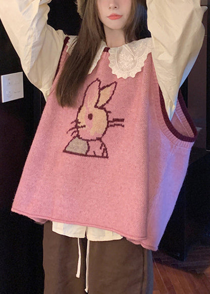 New Pink O-neck Waistcoat and Blouses Cotton Knit Two Pieces Set Fall