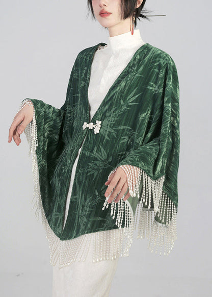 Green Tasseled Chinese Button Cotton Cape Coats Spring