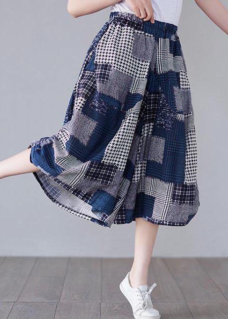 Blue Plaid Cinched Summer Cotton Linen Pants