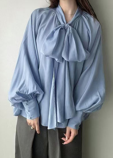 Blue Bow Oversized Silk Tops Lantern Sleeve Fall