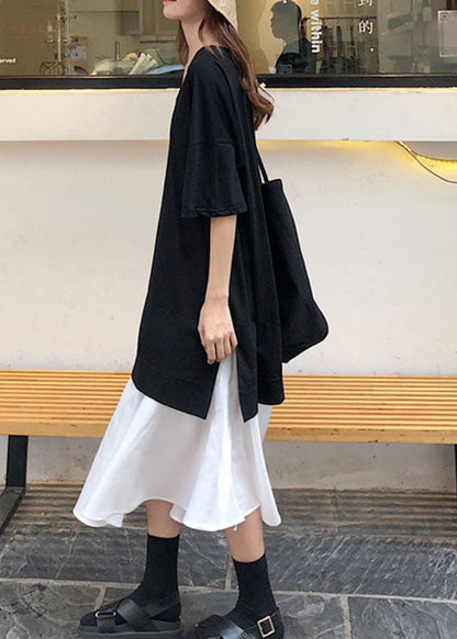 Black V Neck Patchwork Cotton Dress Short Sleeve