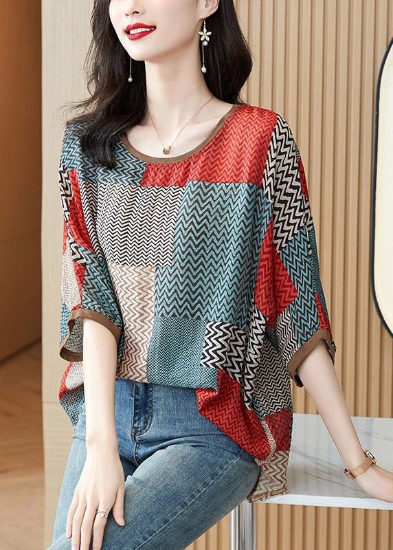 Red O-neck Striped Print Silk Shirt Half Sleeve