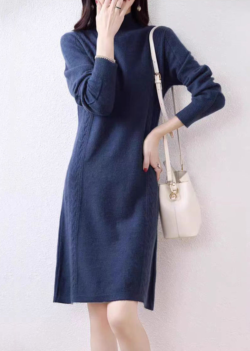 Navy Turtleneck Wool Knit Sweater Dress Fall