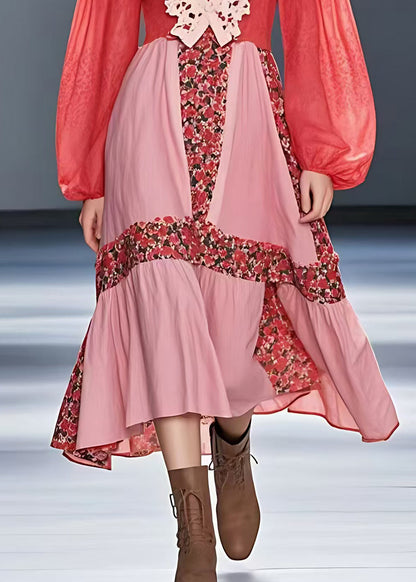 Red V Neck Print Patchwork Cotton Dress Long Sleeve