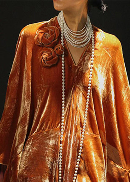 New Orange V Neck Silk Velour Dress Spring