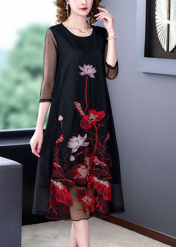 Black Embroideried Hollow Out Tulle Robe Dresses Bracelet Sleeve
