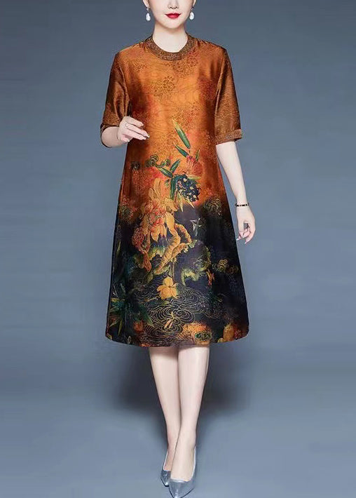 Orange Button Print Silk Dresses O-neck Short Sleeve