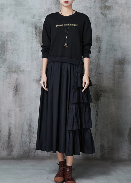 Black Patchwork Cotton Sweatshirt Dress Layered Ruffled Spring
