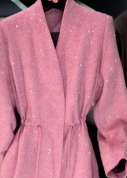 Pink V Neck Sequins Drawstring Coat Fall