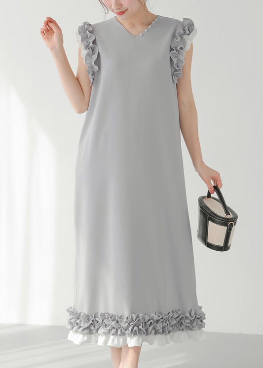 Grey Ruffled Patchwork Pearl Decorated Straight Dress Sleeveless