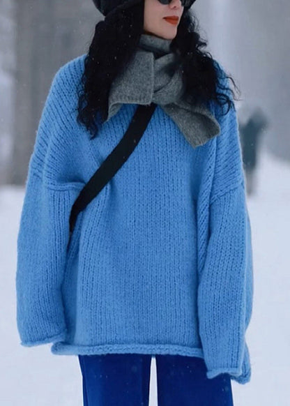 Simple Blue O-neck Cozy Thick Cotton Knit Sweater Long Sleeve
