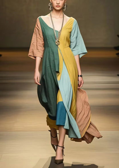 Style Asymmetrical Patchwork Applique Cotton Long Dress Half Sleeve