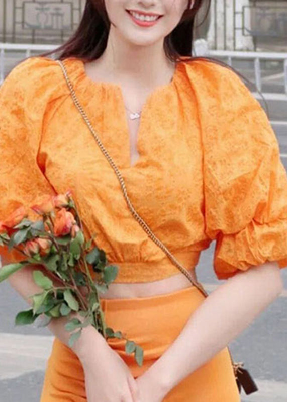 Art Orange V Neck Print Top and Skirts Two Pieces Set Lantern Sleeve
