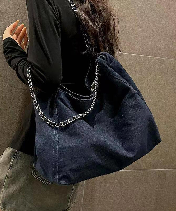 Navy Chain Linked Large Capacity Denim Satchel Handbag