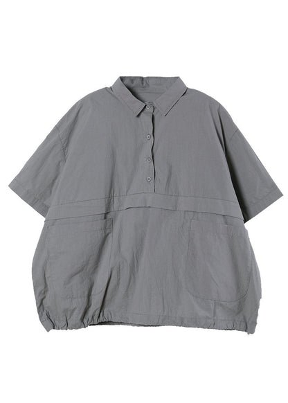 Grey Oversized Pockets Color Cotton Shirts Short Sleeve